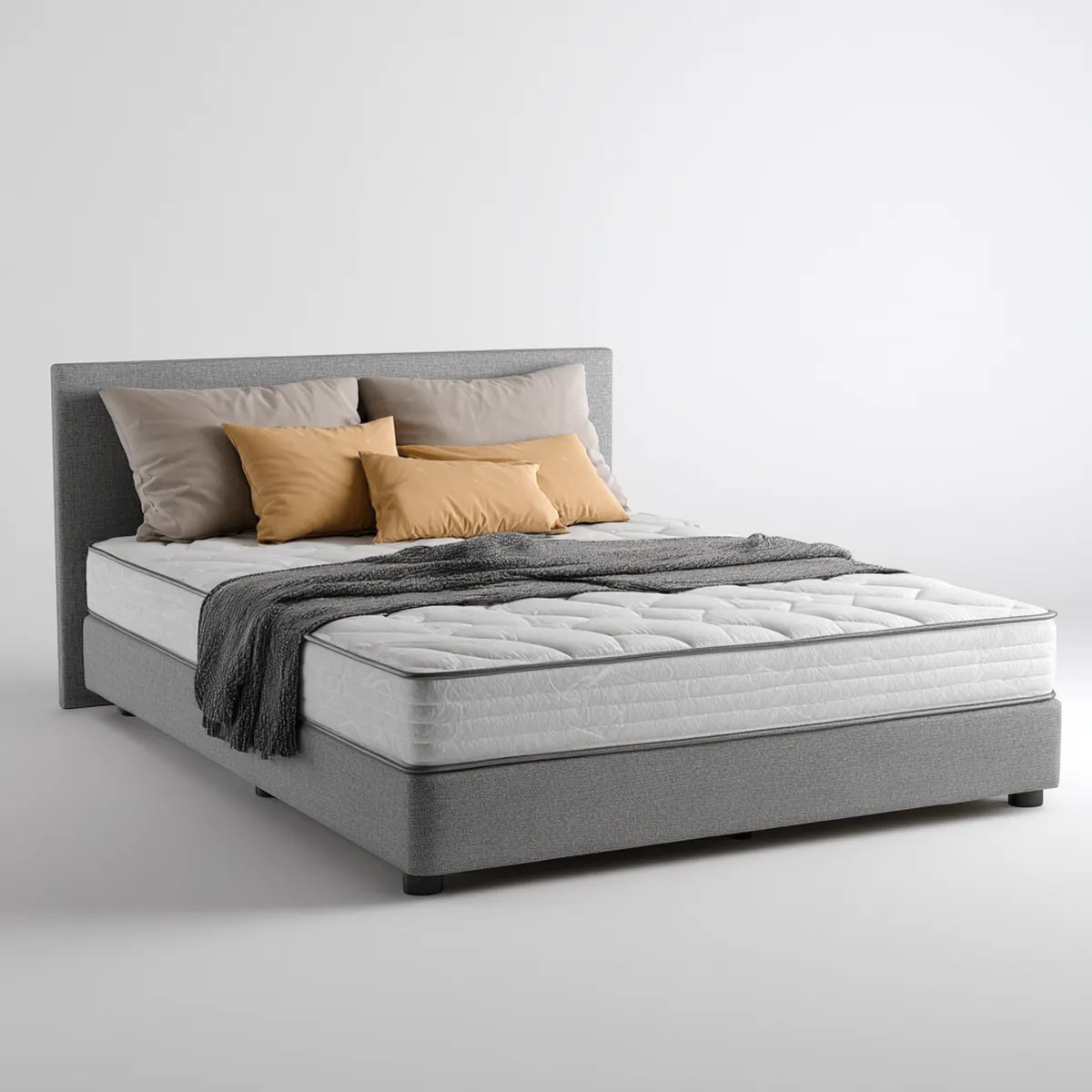 Lit double avec matelas gris 160 x 200 cm cadre en contreplaqué revêtement polyester rectangulaire