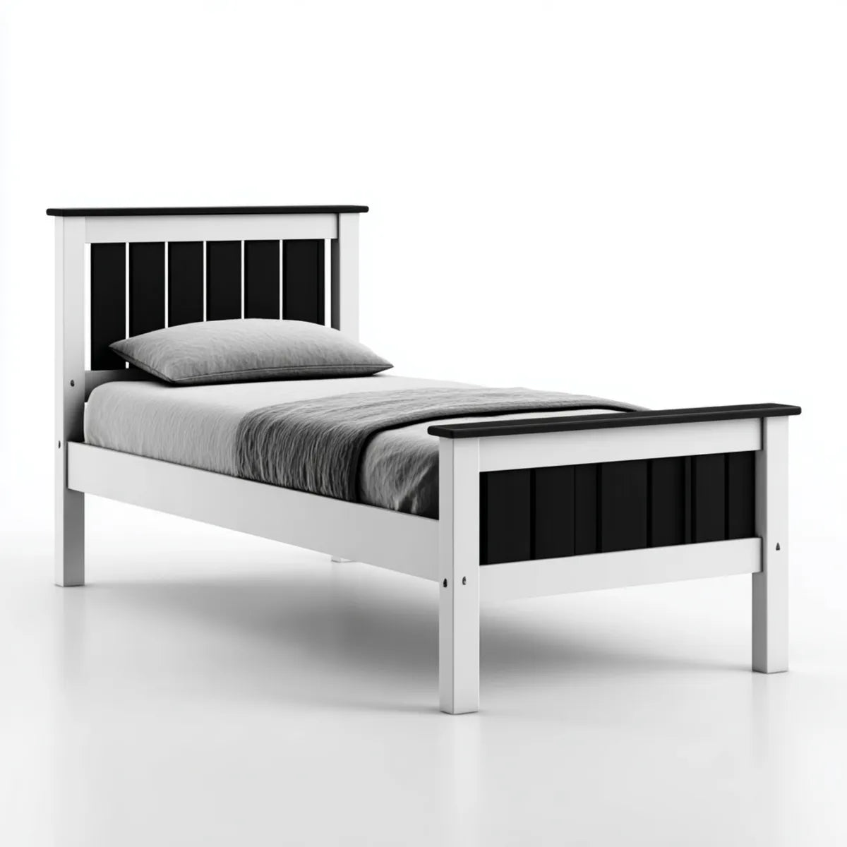 Lit simple blanc et noir 90 x 190 cm en pin massif rectangulaire