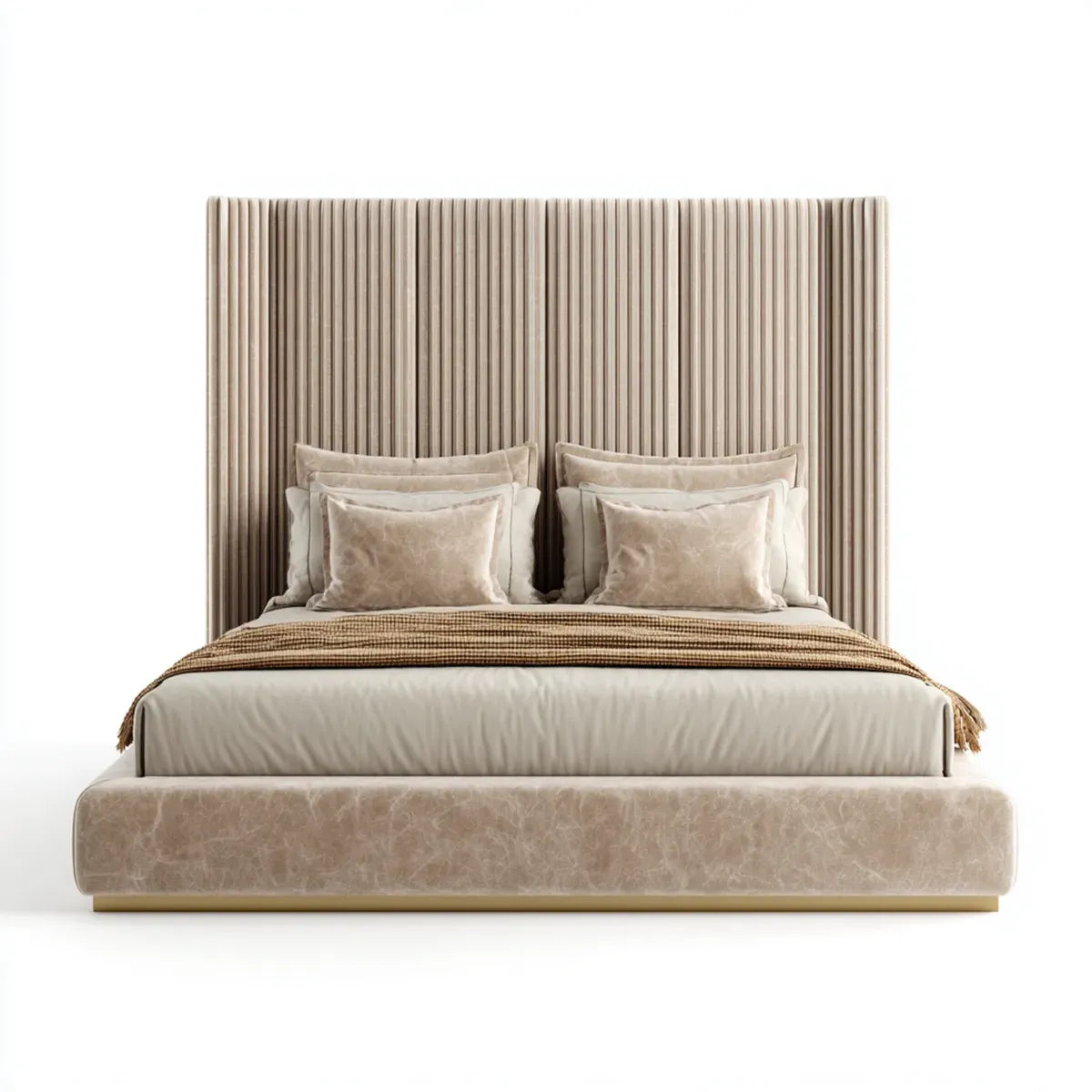 Lit double beige 180 x 200 cm avec tête de lit capitonnée en polyester et cadre en MDF rectangulaire
