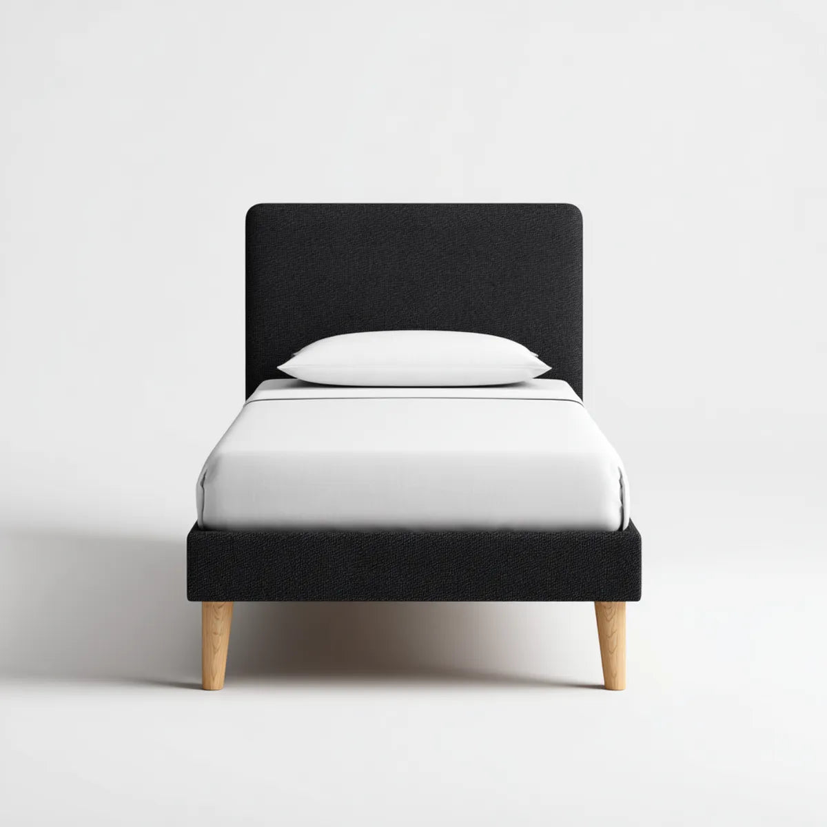 Lit simple noir 90 x 190 cm en polyester avec pieds en bois massif rectangulaire