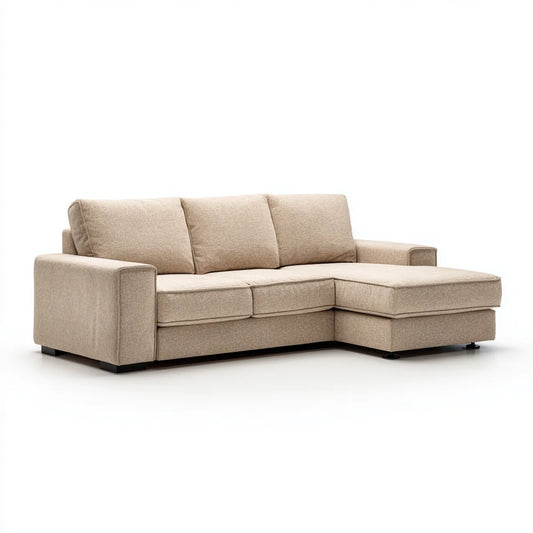 Canapé d'angle droit 3 places beige en polyester avec méridienne 230 x 150 x 85 cm