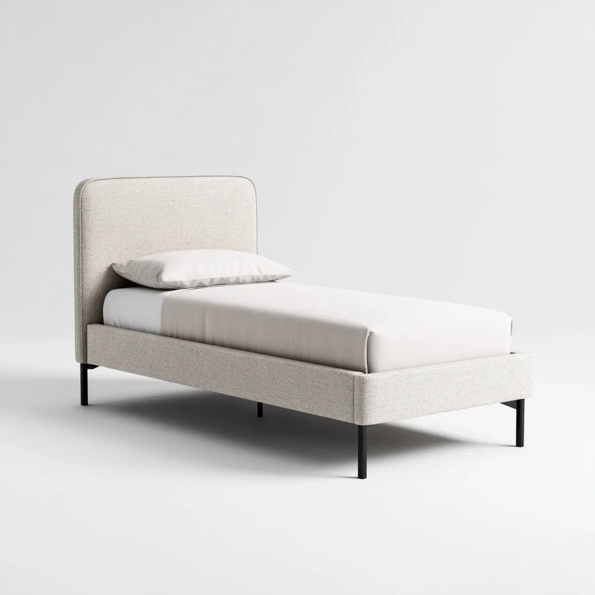 Lit simple beige 90 x 190 cm en polyester avec tête de lit arrondie et pieds en acier noir