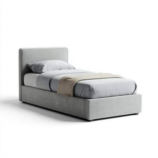 Lit simple capitonné gris 90 x 190 cm en velours polyester avec tête de lit rectangulaire