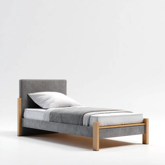 Lit simple gris rectangulaire 90 x 200 cm avec structure en pin massif et revêtement polyester