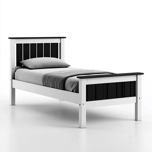 Lit simple blanc et noir 90 x 190 cm en pin massif rectangulaire