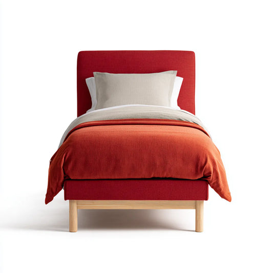 Lit simple avec tête de lit capitonnée rouge en pin massif 90 x 190 cm rectangulaire