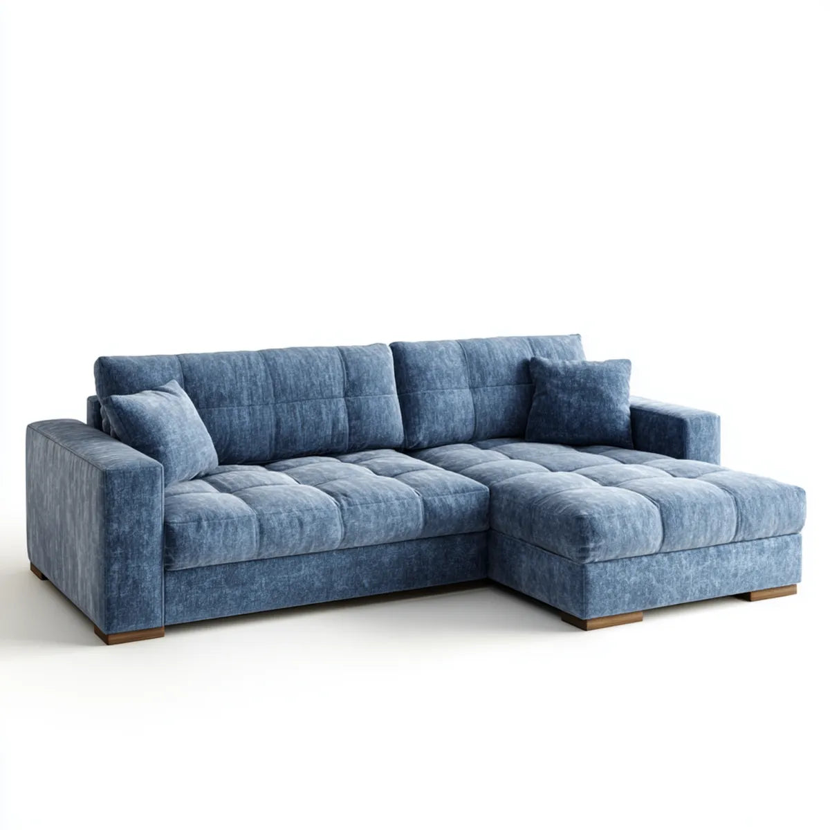Canapé d'angle 3 places bleu en polyester aspect velours 260 x 165 x 85 cm avec méridienne droite