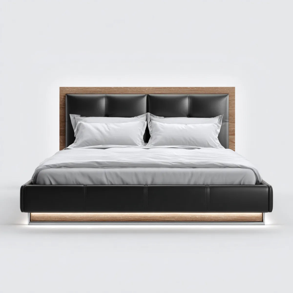 Lit double 160 x 200 cm noir et noyer en cuir PU avec cadre rectangulaire