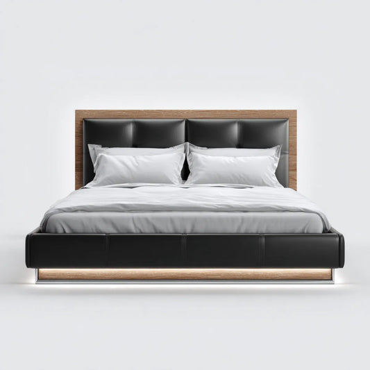 Lit double 160 x 200 cm noir et noyer en cuir PU avec cadre rectangulaire