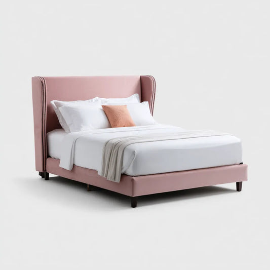 Lit double rembourré rose poudré 160 x 200 cm en polyester forme rectangulaire