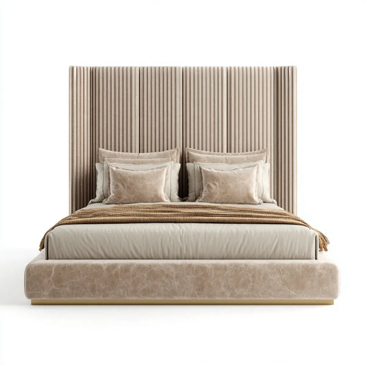 Lit double beige 180 x 200 cm avec tête de lit capitonnée en polyester et cadre en MDF rectangulaire