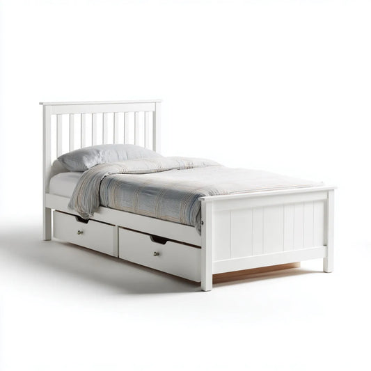 Lit simple avec 2 tiroirs blanc 90 x 190 cm en MDF et pin massif rectangulaire