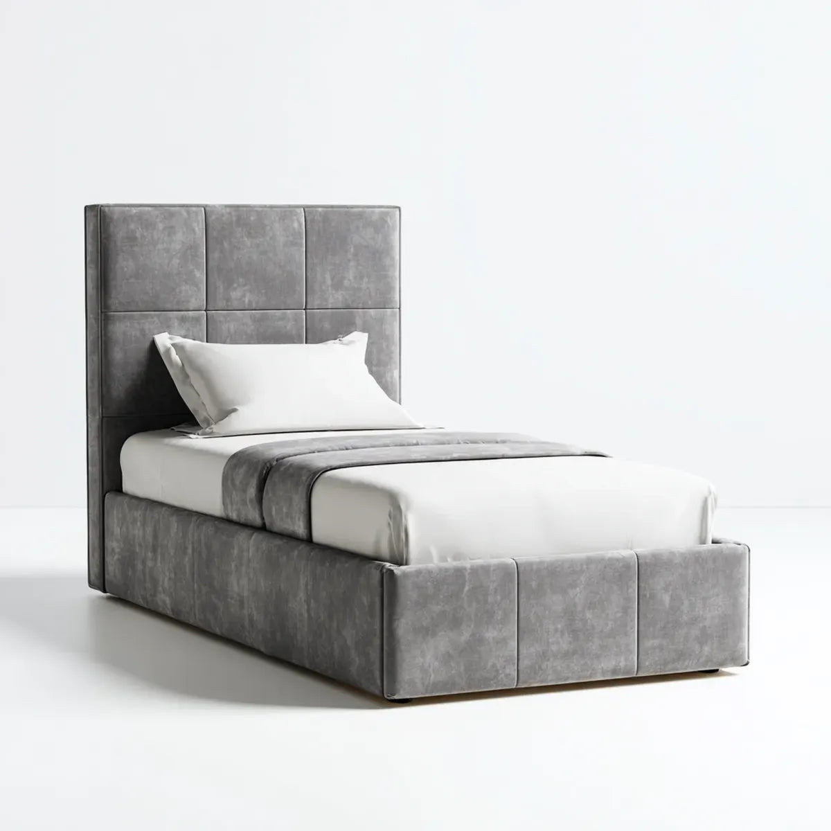 Lit simple rembourré gris 90 x 190 cm en polyester effet velours rectangulaire