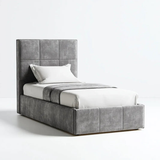 Lit simple rembourré gris 90 x 190 cm en polyester effet velours rectangulaire