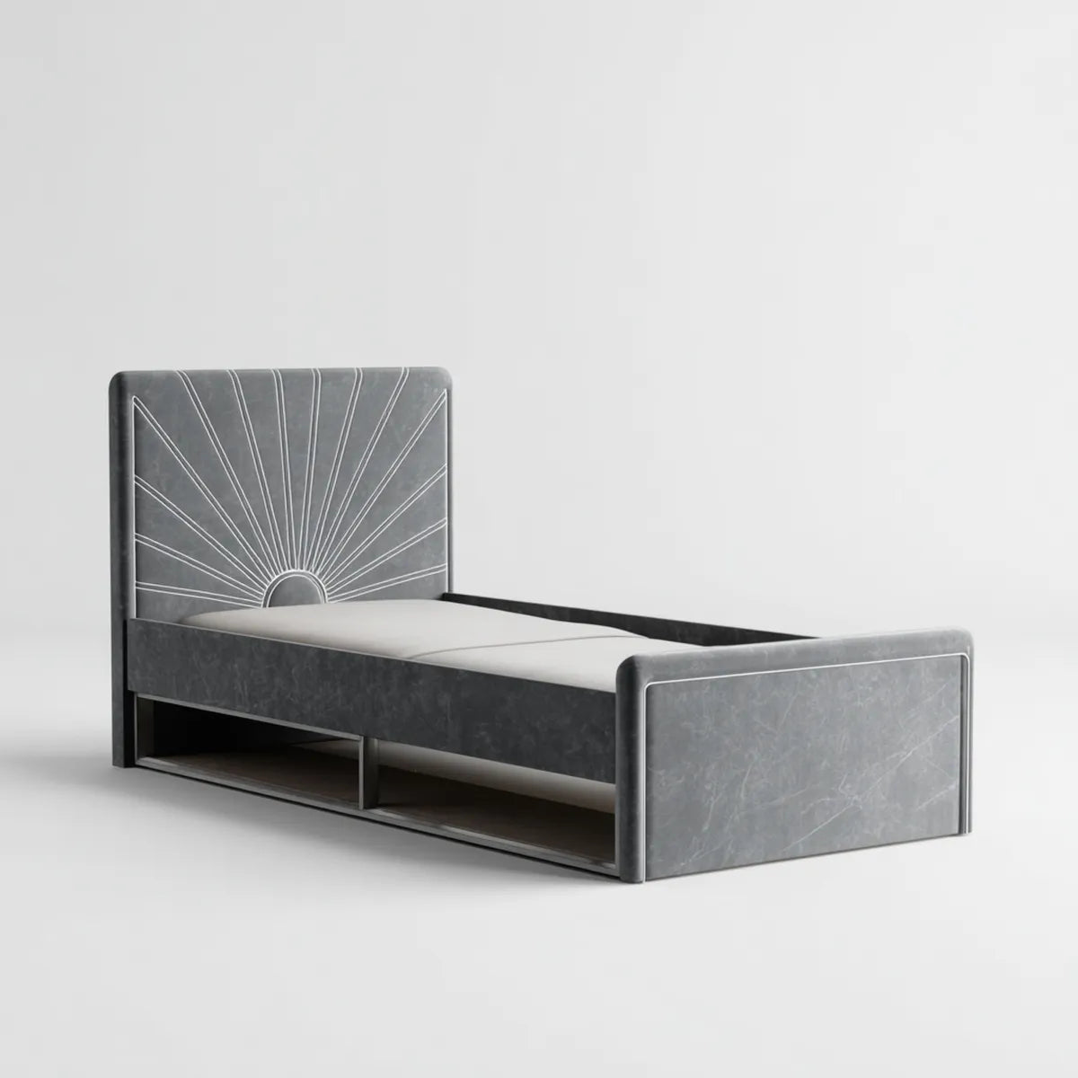Cadre de lit simple gris en polyester effet velours 90 x 190 cm avec tête de lit soleil