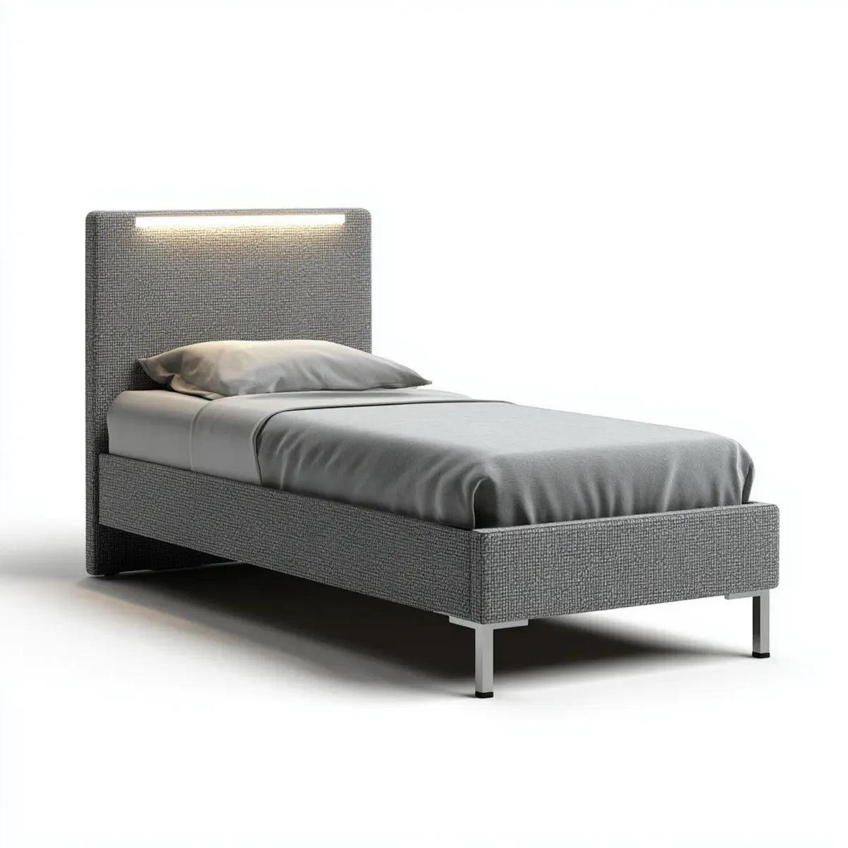 Lit simple avec tête de lit LED gris 90 x 190 cm en polyester et acier rectangulaire