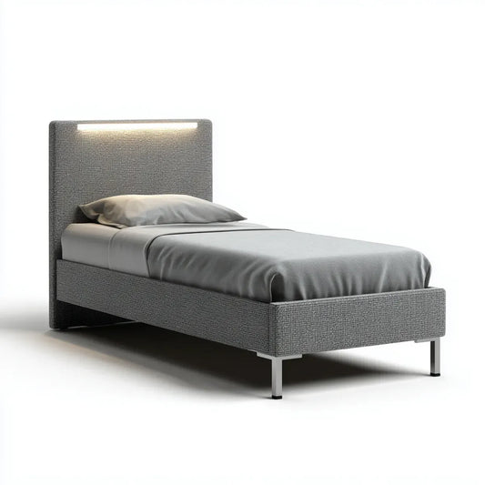 Lit simple avec tête de lit LED gris 90 x 190 cm en polyester et acier rectangulaire